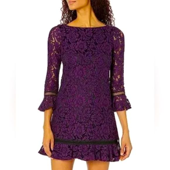 Eliza J Bell Sleeve Lace Shift Dress with Ruffled Hem - Picture 1 of 10